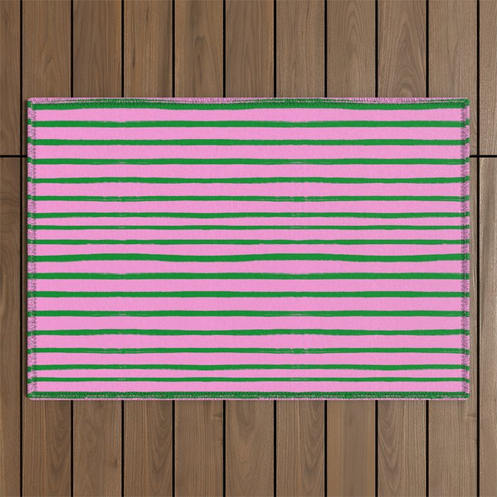 Green and Pink Brush Stroke Stripes Outdoor Rug Gallery Image 1