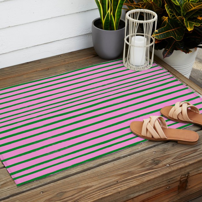 Green and Pink Brush Stroke Stripes Outdoor Rug Gallery Image 2