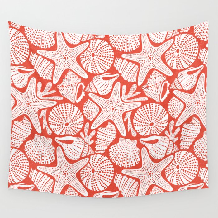 Ocean Floor Nautical Shells Red Wall Tapestry Gallery Image 1