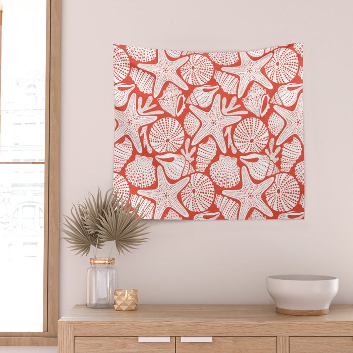 Ocean Floor Nautical Shells Red Wall Tapestry Gallery Image 2