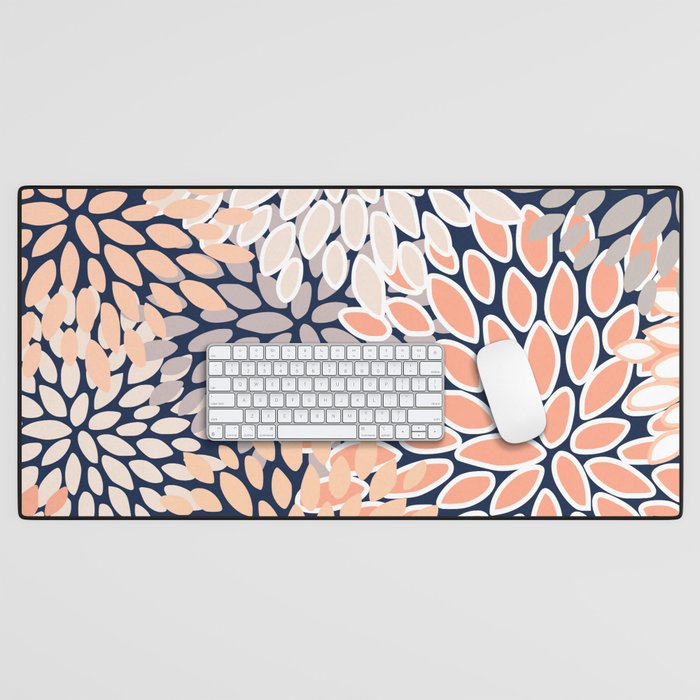 Floral Prints, Navy, Coral, Peach and Gray, Abstract Art, Coloured Prints Desk Mat Gallery Image 1
