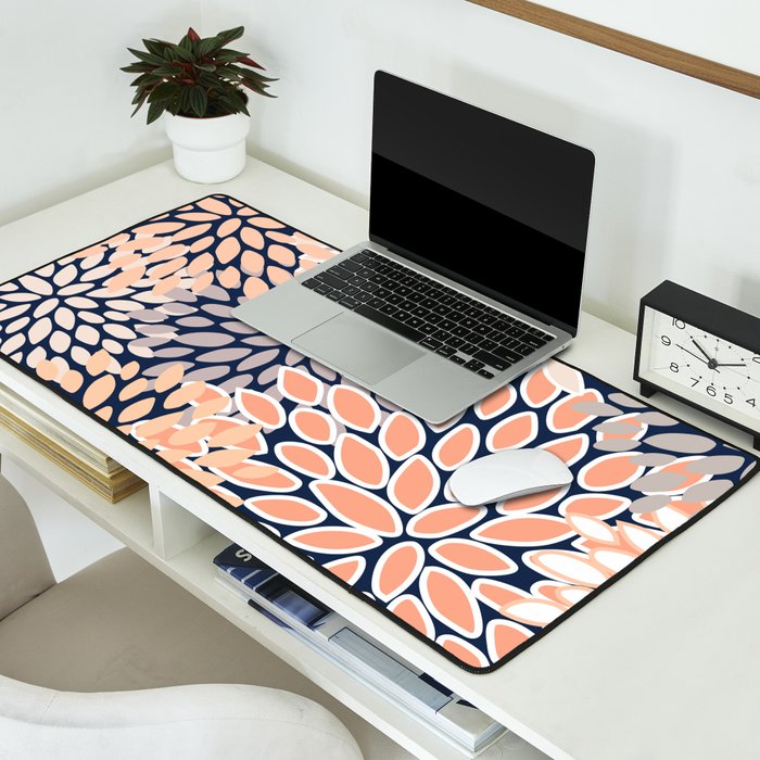 Floral Prints, Navy, Coral, Peach and Gray, Abstract Art, Coloured Prints Desk Mat Gallery Image 2