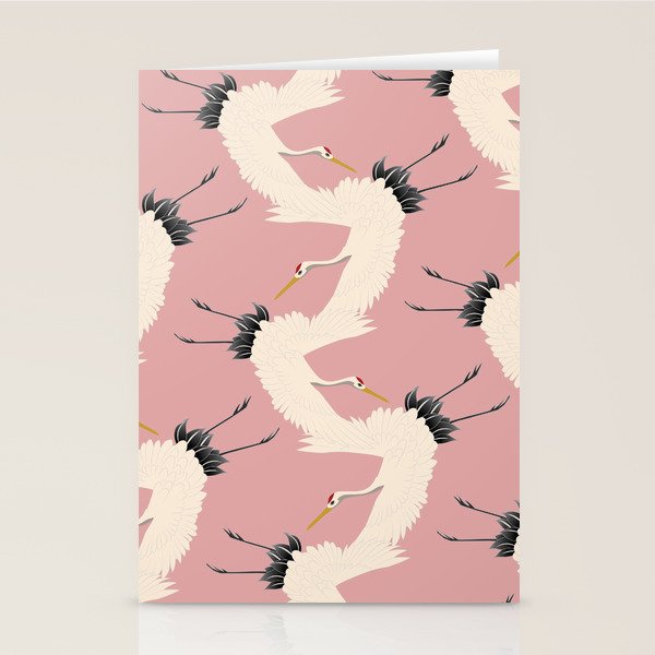 Pink Japanese Cranes Pattern Stationery Card