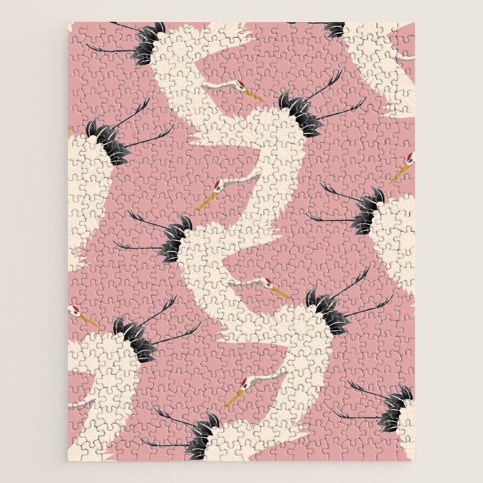 Pink Japanese Cranes Pattern Jigsaw Puzzle Gallery Image 1