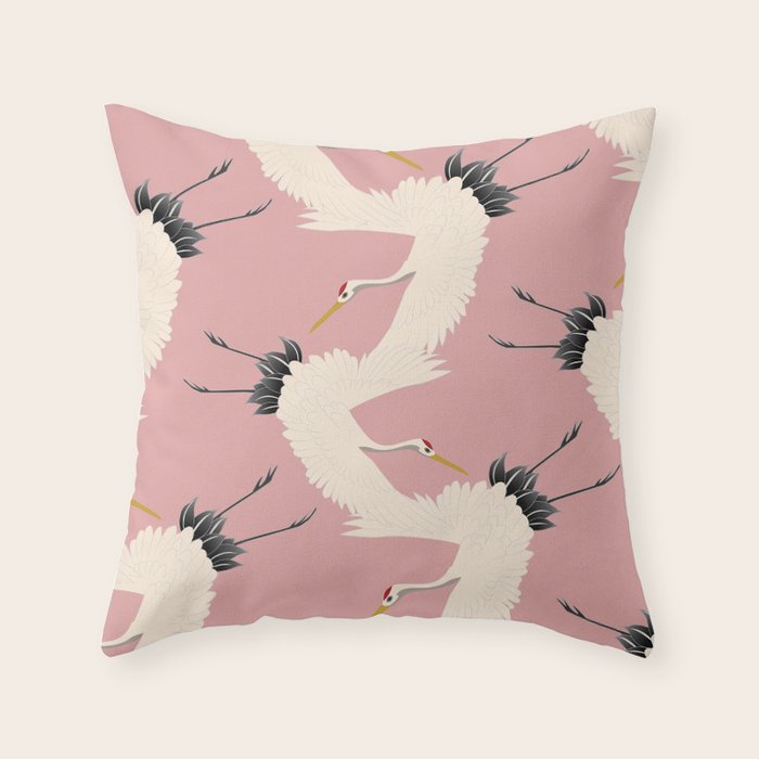 Pink Japanese Cranes Pattern Throw Pillow Gallery Image 1