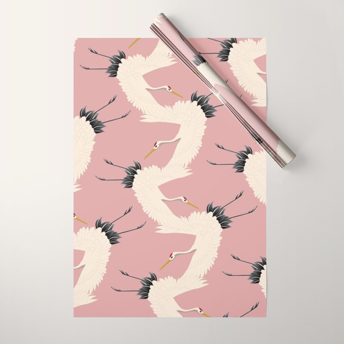 Pink Japanese Cranes Pattern Wrapping Paper Gallery Image 1