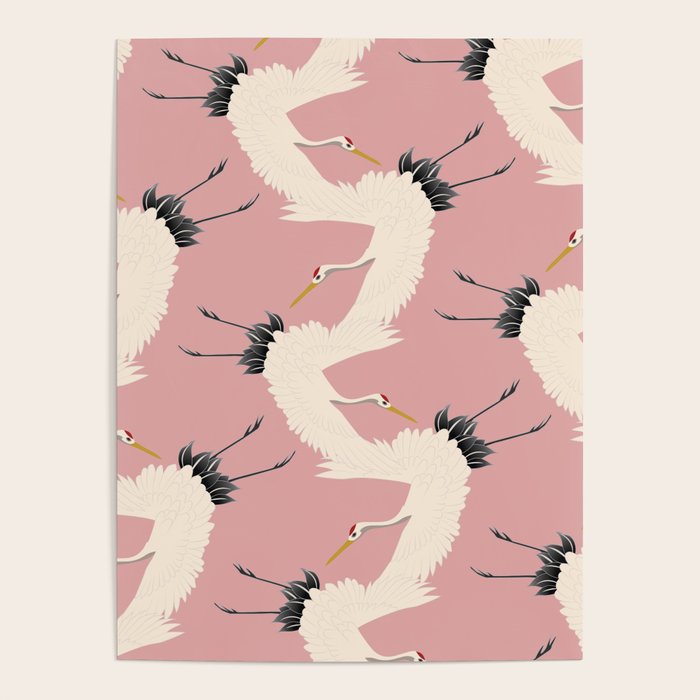 Pink Japanese Cranes Pattern Poster Gallery Image 4