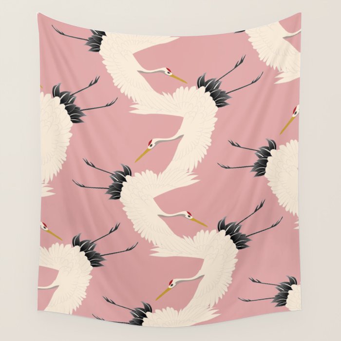Pink Japanese Cranes Pattern Wall Tapestry Gallery Image 1