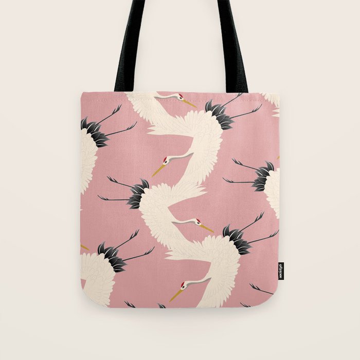 Pink Japanese Cranes Pattern Tote Bag Gallery Image 1