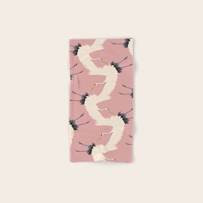 Pink Japanese Cranes Pattern Bath Towel Gallery Image 1