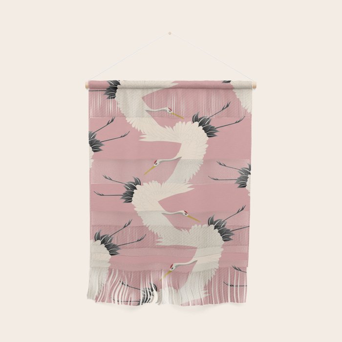 Pink Japanese Cranes Pattern Wall Hanging