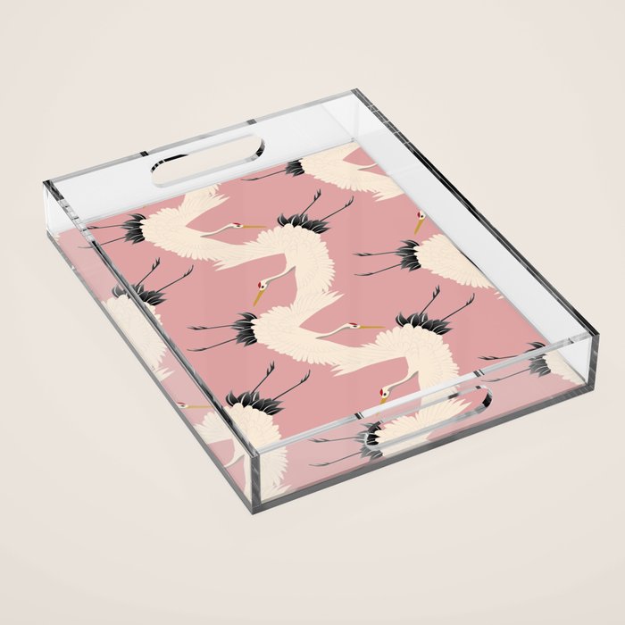 Pink Japanese Cranes Pattern Acrylic Tray Gallery Image 1