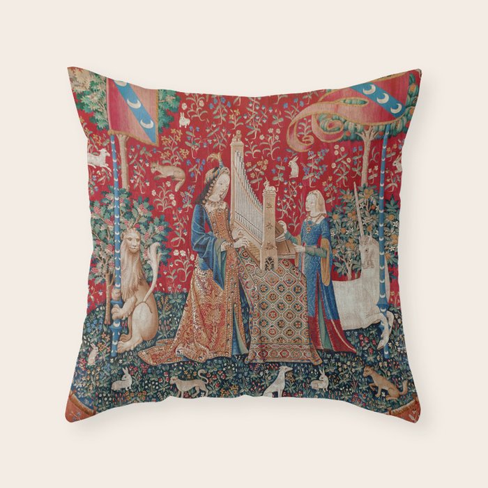 Lady and Unicorn Medieval Tapestry Hearing Throw Pillow Gallery Image 1
