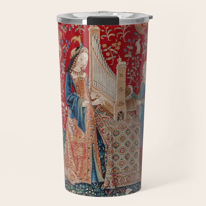 Lady and Unicorn Medieval Tapestry Hearing Travel Mug Gallery Image 1
