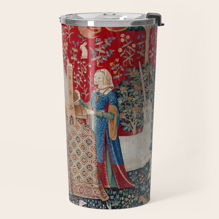 Lady and Unicorn Medieval Tapestry Hearing Travel Mug Gallery Image 2