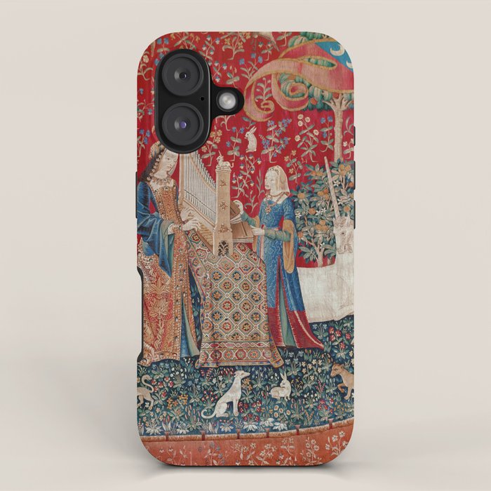 Lady and Unicorn Medieval Tapestry Hearing iPhone Case Gallery Image 1