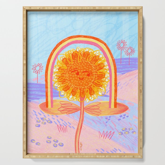 Retro Sunflower & Rainbow in Blue & Pink Serving Tray Gallery Image 1