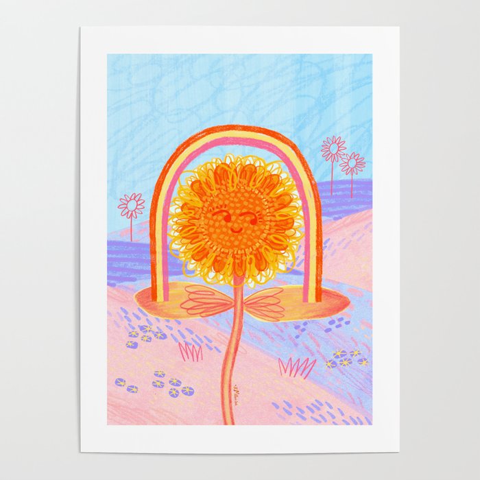Retro Sunflower & Rainbow in Blue & Pink Poster Gallery Image 4