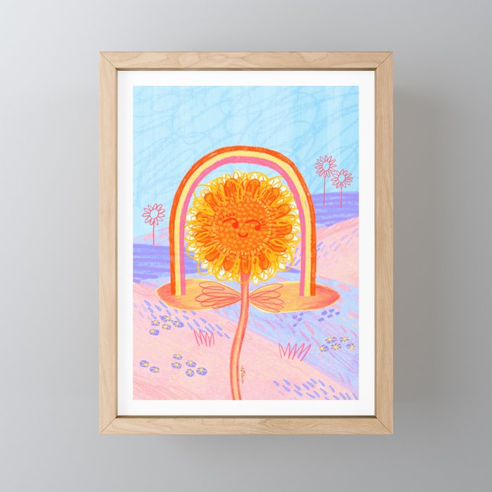 Retro Sunflower & Rainbow in Blue & Pink Mini Art Print Gallery Image 1