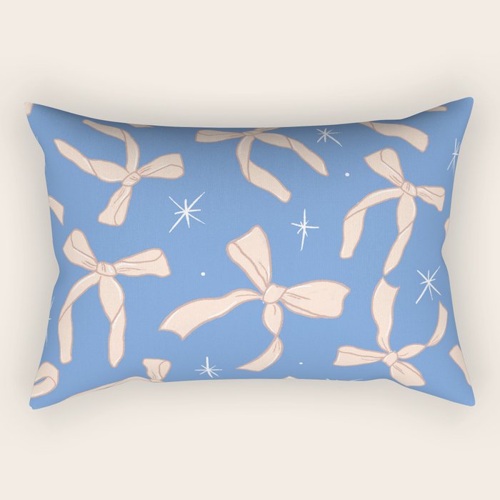 Cream Festive Bows On Blue Rectangular Pillow Gallery Image 1