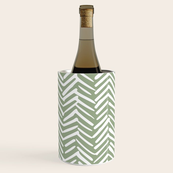 Boho, Abstract, Herringbone Pattern, Sage Green and White Wine Chiller Gallery Image 1