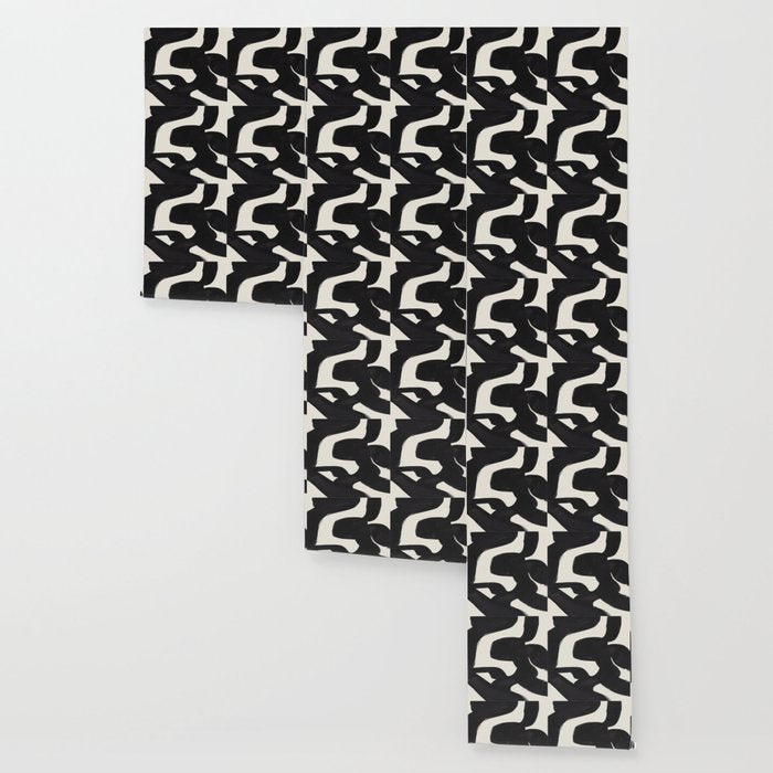 Mid Century Modern Minimalist Abstract Art Brush Strokes Black & White Ink Art Maze Wallpaper Gallery Image 3