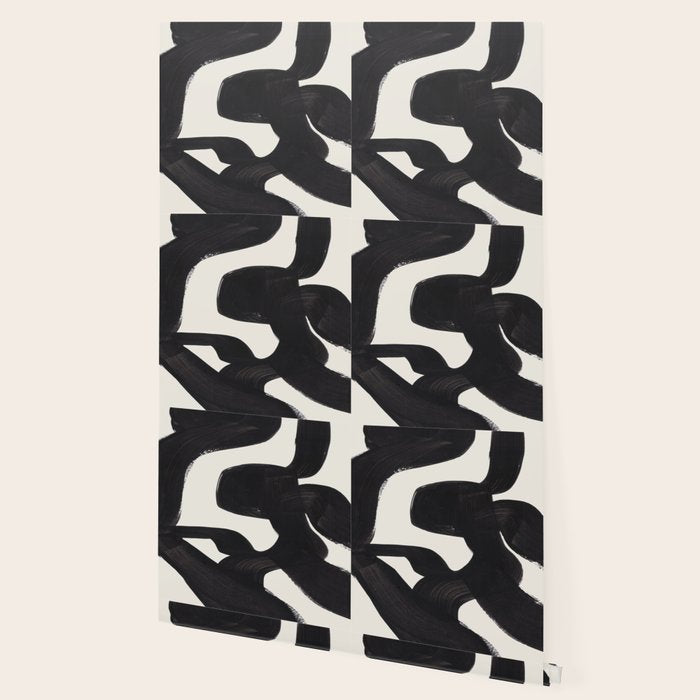 Mid Century Modern Minimalist Abstract Art Brush Strokes Black & White Ink Art Maze Wallpaper Gallery Image 2
