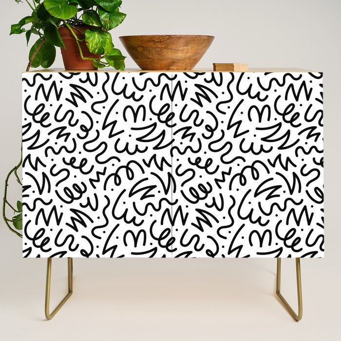 Fun black line doodle art pattern Credenza Gallery Image 1