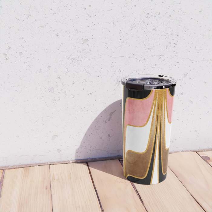 Mid Century Modern Liquid Watercolor Abstract / Faux Gold, Blush Pink, Brown, Black, White / V1 Travel Mug Gallery Image 4