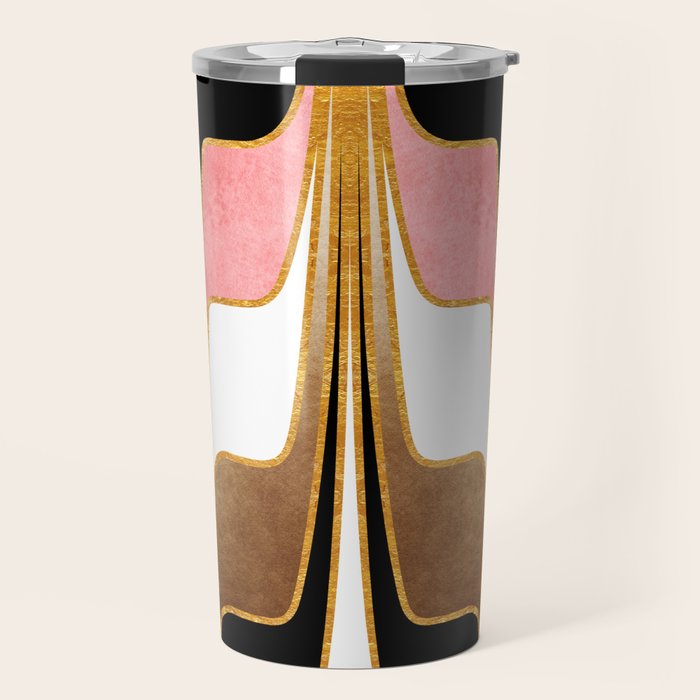 Mid Century Modern Liquid Watercolor Abstract / Faux Gold, Blush Pink, Brown, Black, White / V1 Travel Mug Gallery Image 1