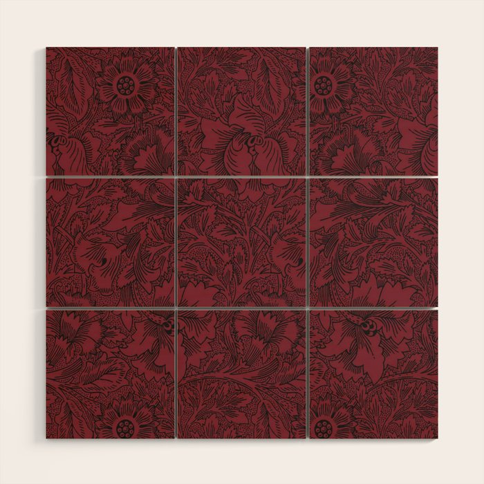 William Morris Poppy Dark Wine Claret Red Pattern Wood Wall Art Gallery Image 1