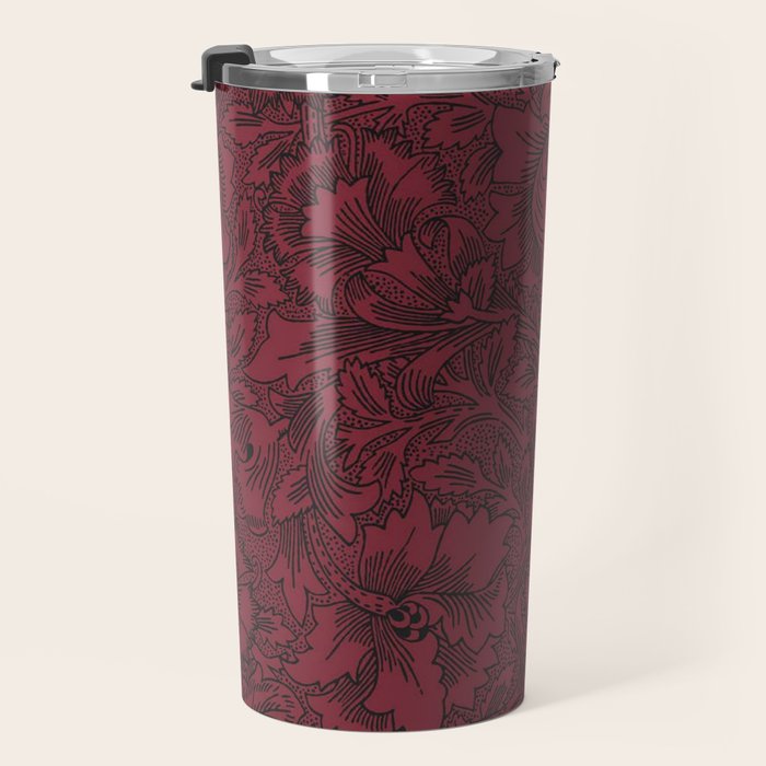 William Morris Poppy Dark Wine Claret Red Pattern Travel Mug Gallery Image 3