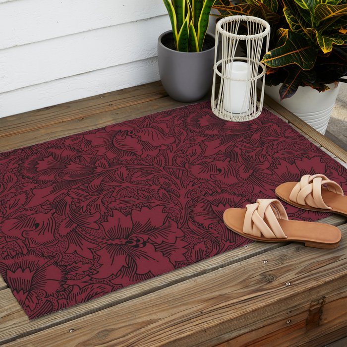 William Morris Poppy Dark Wine Claret Red Pattern Outdoor Rug Gallery Image 2