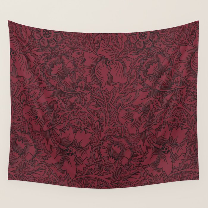 William Morris Poppy Dark Wine Claret Red Pattern Wall Tapestry Gallery Image 1