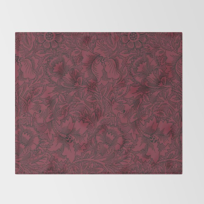 William Morris Poppy Dark Wine Claret Red Pattern Throw Blanket Gallery Image 2