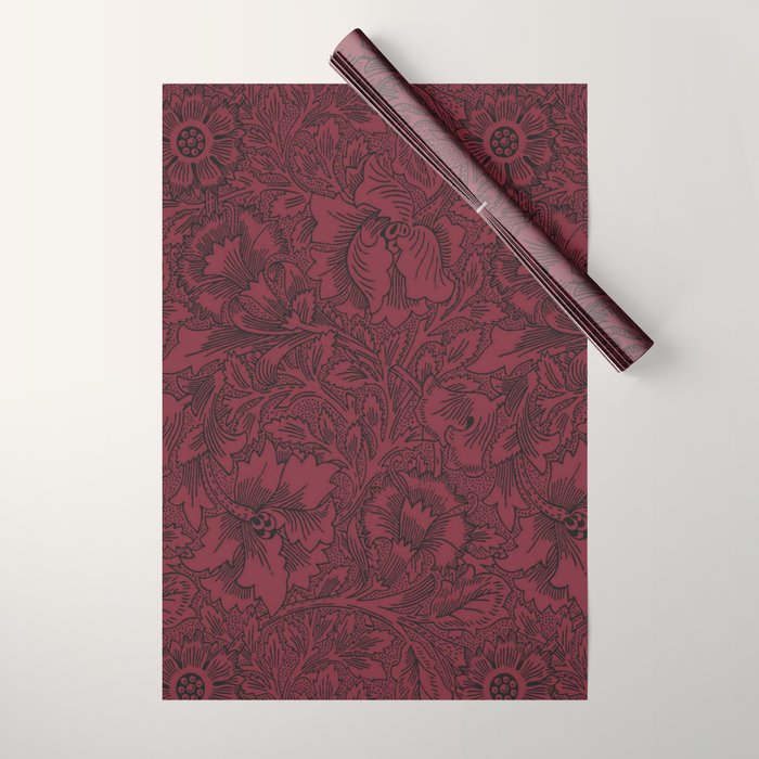William Morris Poppy Dark Wine Claret Red Pattern Wrapping Paper Gallery Image 1