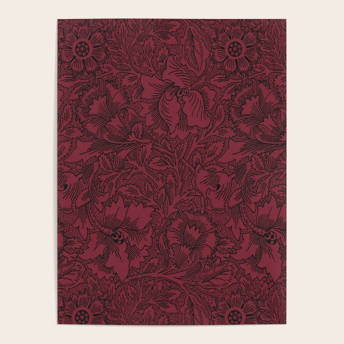 William Morris Poppy Dark Wine Claret Red Pattern Poster Gallery Image 1