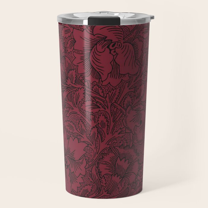 William Morris Poppy Dark Wine Claret Red Pattern Travel Mug Gallery Image 1