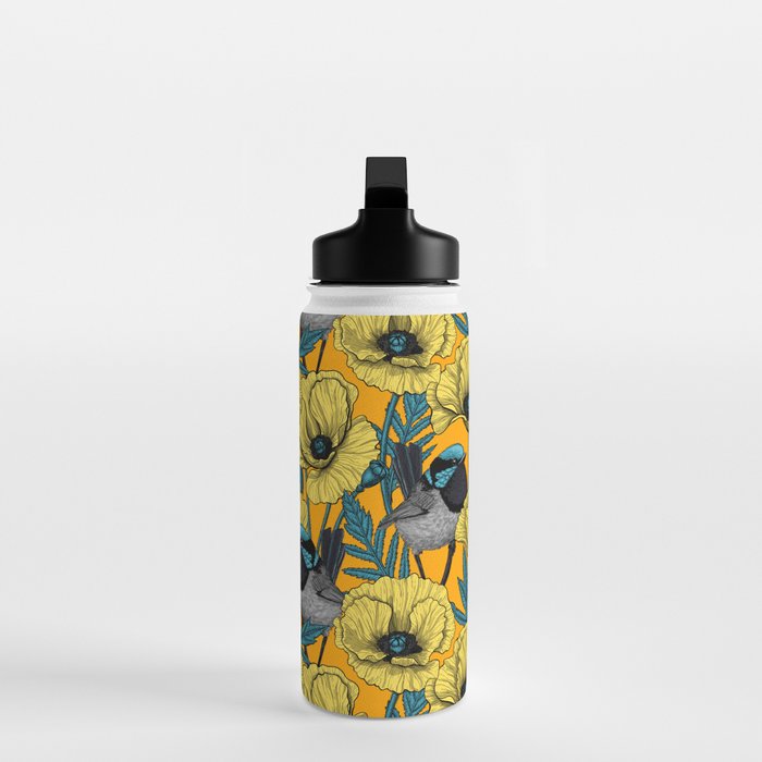 Fairy wren and poppies in yellow Water Bottle Gallery Image 3