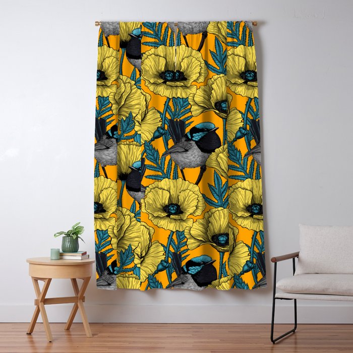 Fairy wren and poppies in yellow Window Curtain Gallery Image 1