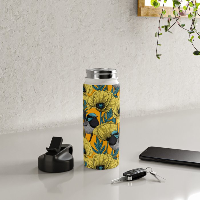 Fairy wren and poppies in yellow Water Bottle Gallery Image 4