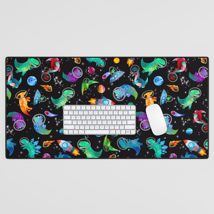 Dinosaur Astronauts In Space Watercolor Pattern Desk Mat Gallery Image 1