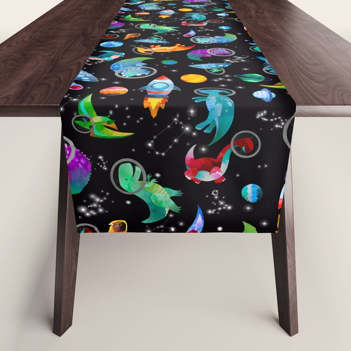 Dinosaur Astronauts In Space Watercolor Pattern Table Runner Gallery Image 1