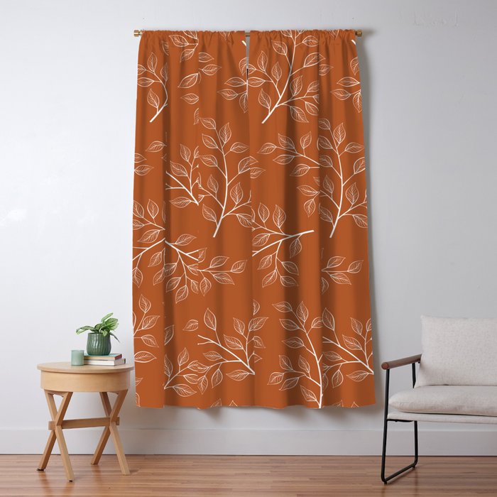 Delicate White Leaves and Branch on a Rust Orange Background Window Curtain Gallery Image 5
