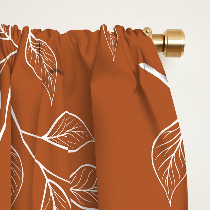 Delicate White Leaves and Branch on a Rust Orange Background Window Curtain Gallery Image 2