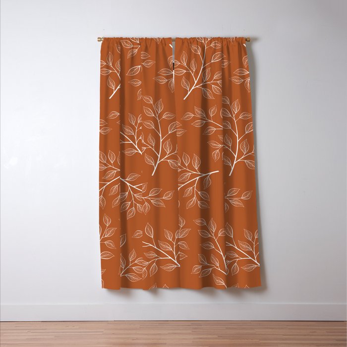 Delicate White Leaves and Branch on a Rust Orange Background Window Curtain Gallery Image 3