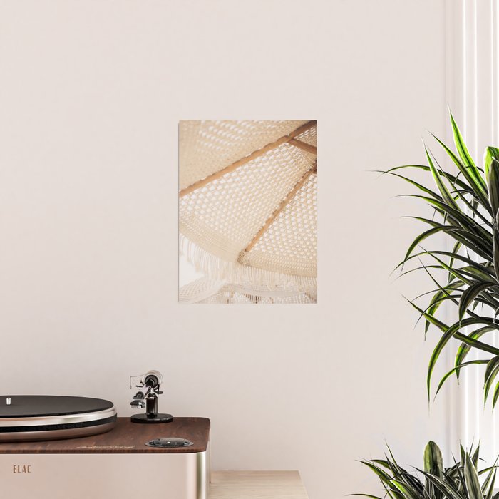 Boho crochet beach umbrella close-up, neutral minimalist summer photo Poster Gallery Image 2