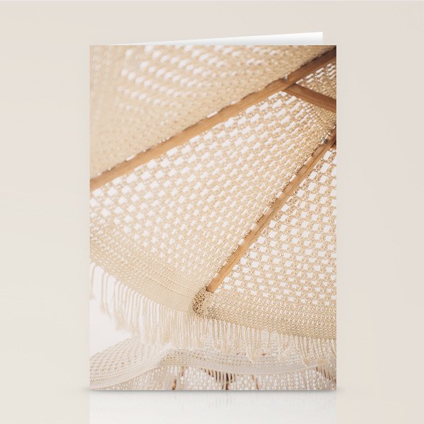 Boho crochet beach umbrella close-up, neutral minimalist summer photo Stationery Card Gallery Image 1