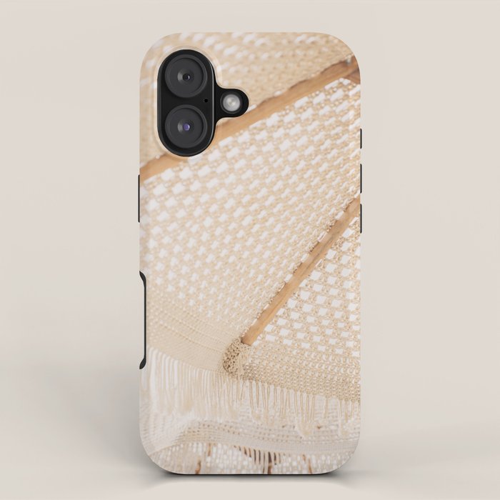 Boho crochet beach umbrella close-up, neutral minimalist summer photo iPhone Case Gallery Image 1