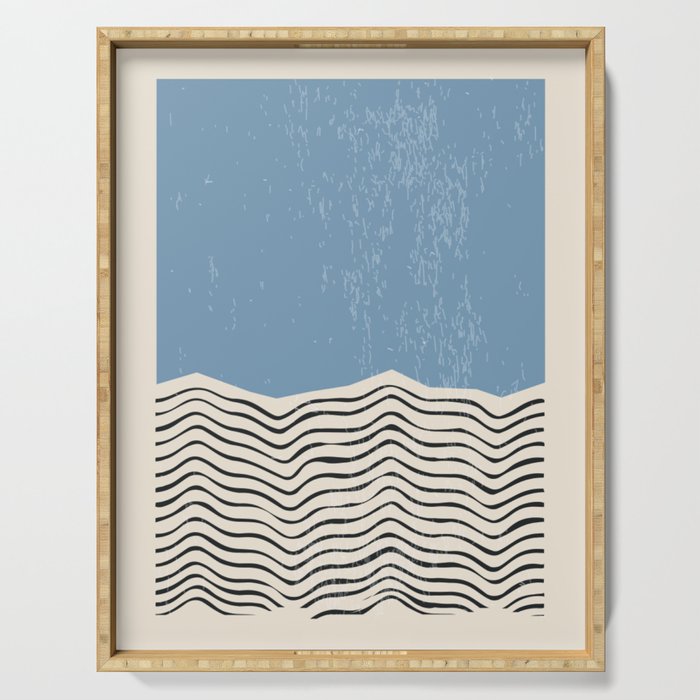 Mid Century Modern Minimalist Blue Waves Rothko Inspired Color Field With Lines Geometric Style  Serving Tray Gallery Image 1